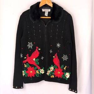 CHRISTMAS Women's Heirloom Collections Black Zip Front Cardinal Sweater